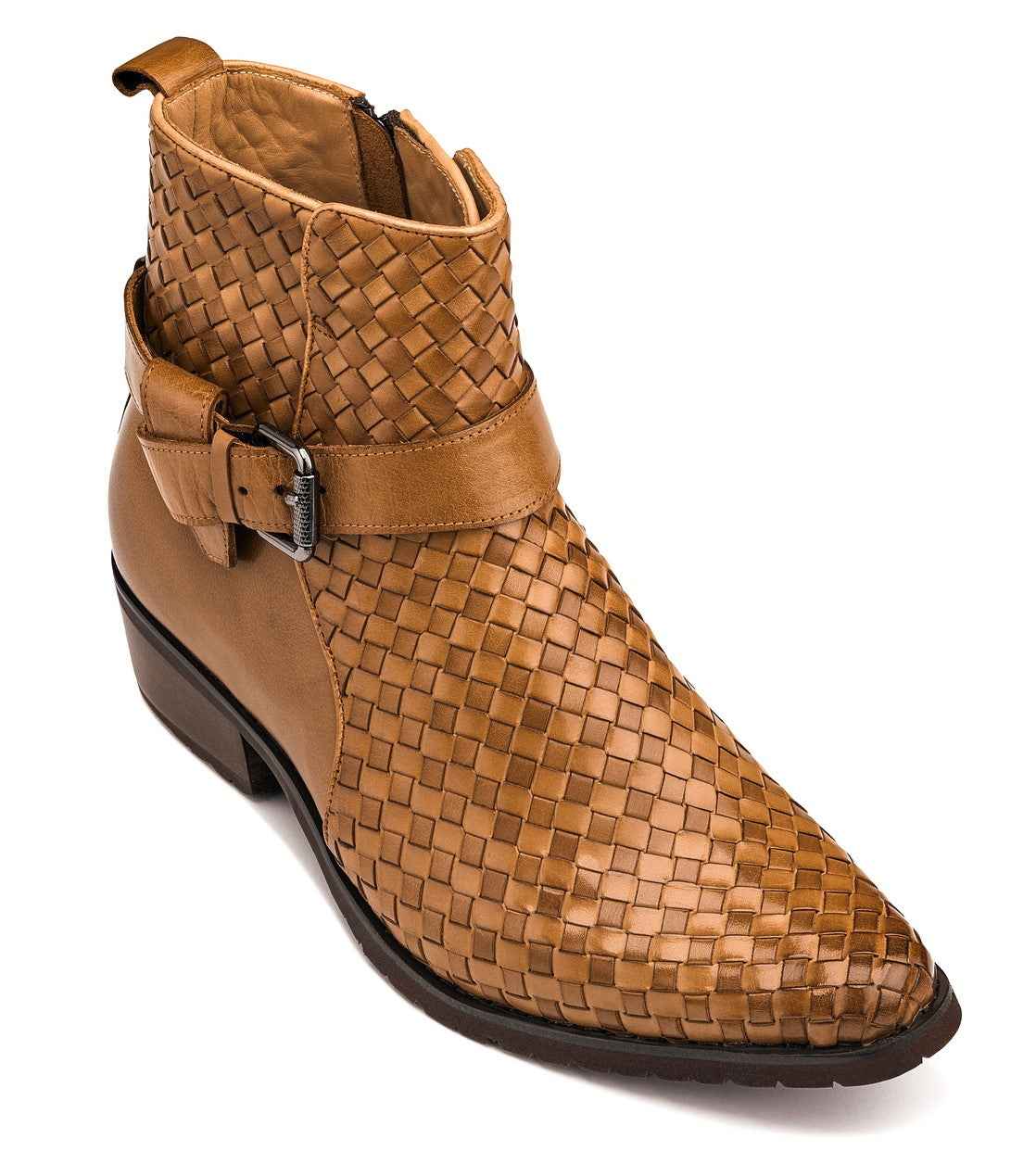 CALTO - K30524 - 3.3 Inches Taller (Light Brown) - Woven Buckle High-Top Ankle Zip-Up Boots Tallmenshoes.com