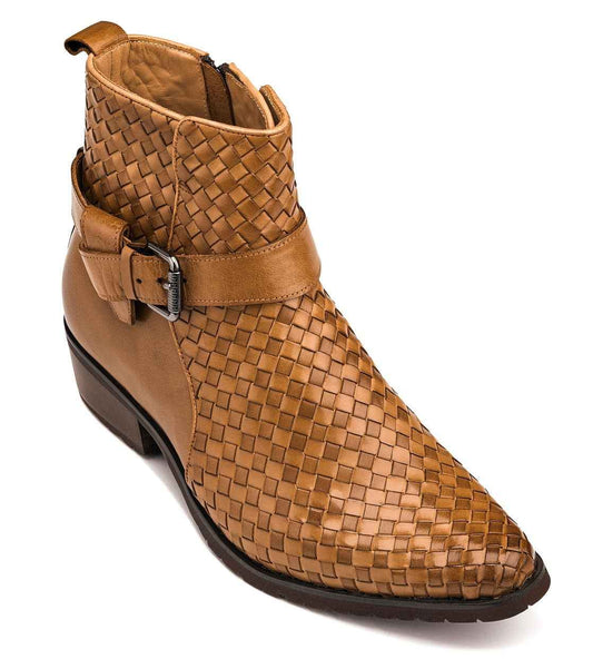 CALTO - K30524 - 3.3 Inches Taller (Light Brown) - Woven Buckle High-Top Ankle Zip-Up Boots Tallmenshoes.com