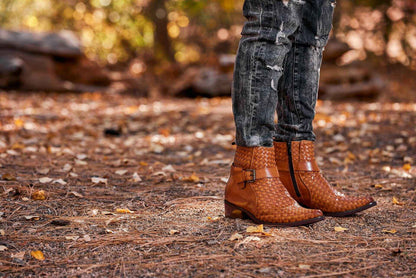 CALTO - K30524 - 3.3 Inches Taller (Light Brown) - Woven Buckle High-Top Ankle Zip-Up Boots Tallmenshoes.com