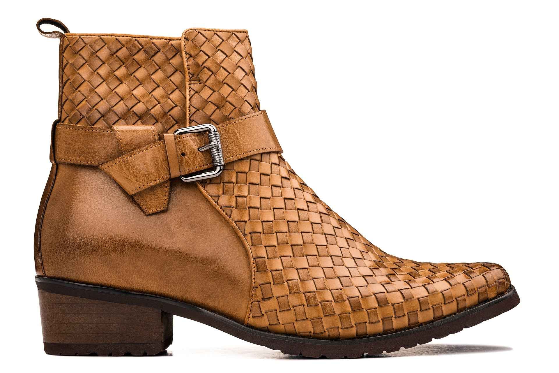 CALTO - K30524 - 3.3 Inches Taller (Light Brown) - Woven Buckle High-Top Ankle Zip-Up Boots Tallmenshoes.com