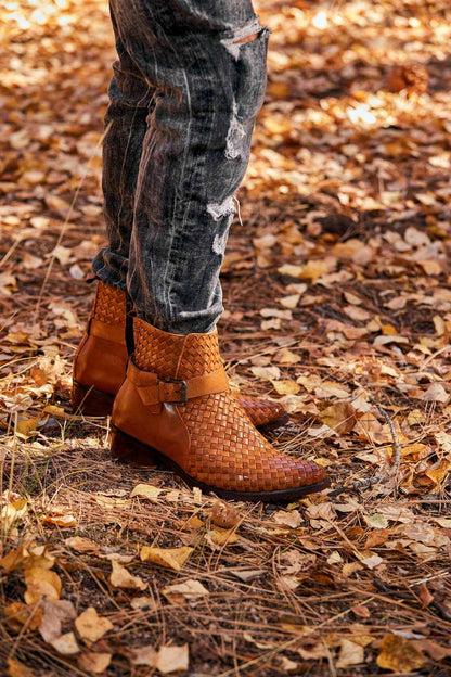 CALTO - K30524 - 3.3 Inches Taller (Light Brown) - Woven Buckle High-Top Ankle Zip-Up Boots Tallmenshoes.com