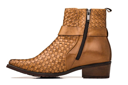 CALTO - K30524 - 3.3 Inches Taller (Light Brown) - Woven Buckle High-Top Ankle Zip-Up Boots Tallmenshoes.com