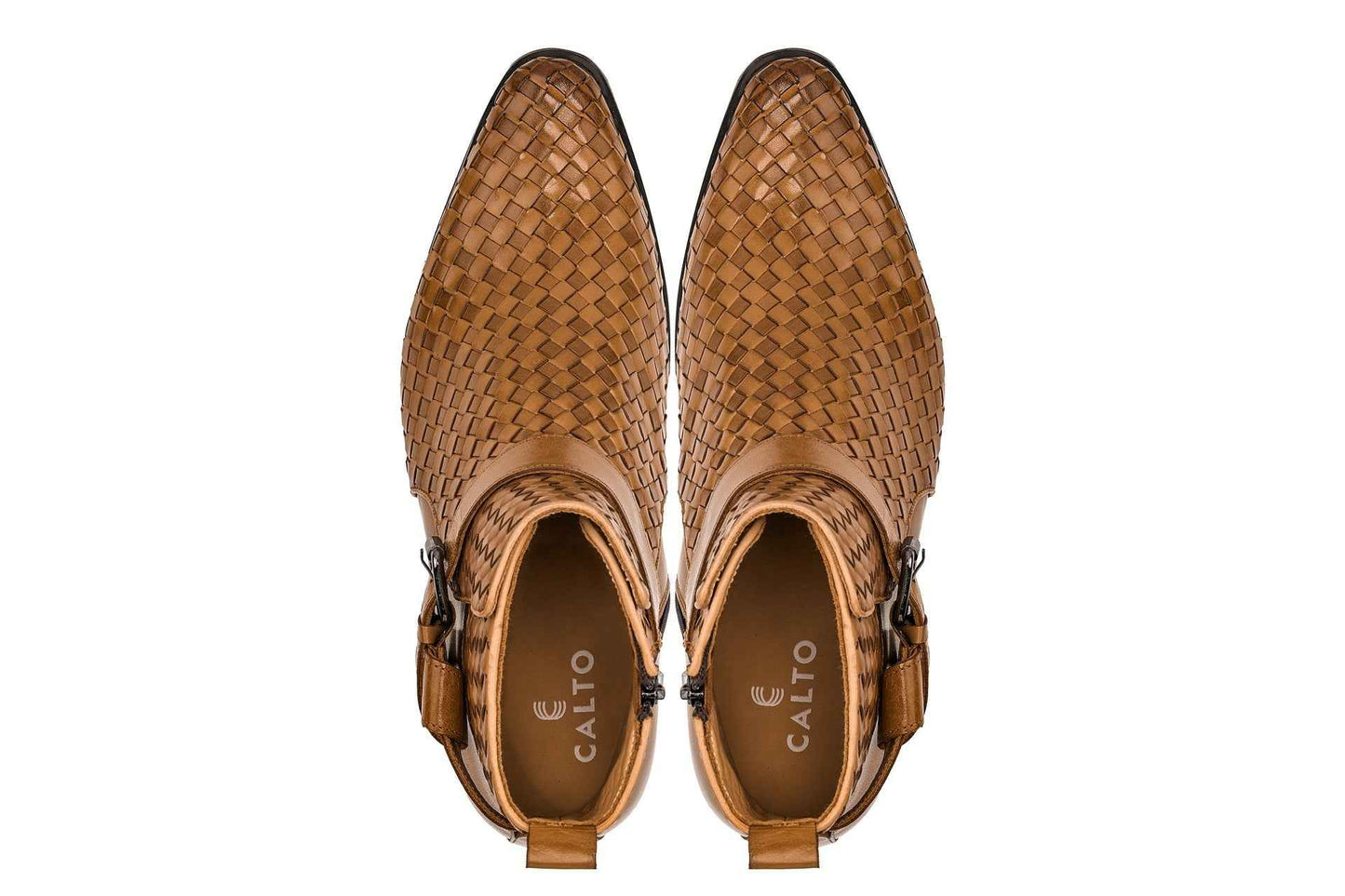 CALTO - K30524 - 3.3 Inches Taller (Light Brown) - Woven Buckle High-Top Ankle Zip-Up Boots Tallmenshoes.com