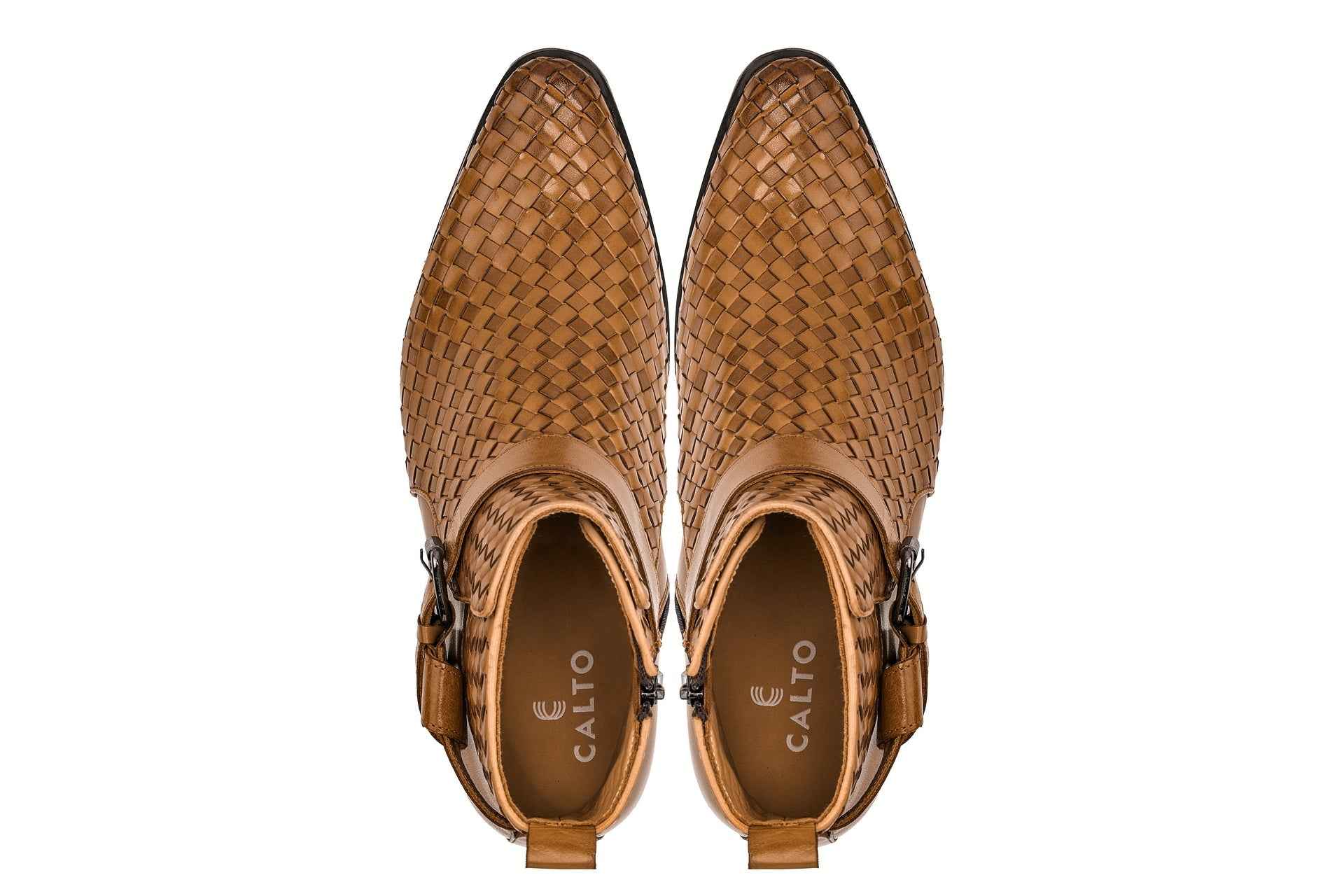CALTO - K30524 - 3.3 Inches Taller (Light Brown) - Woven Buckle High-Top Ankle Zip-Up Boots Tallmenshoes.com