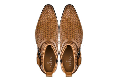 CALTO - K30524 - 3.3 Inches Taller (Light Brown) - Woven Buckle High-Top Ankle Zip-Up Boots Tallmenshoes.com
