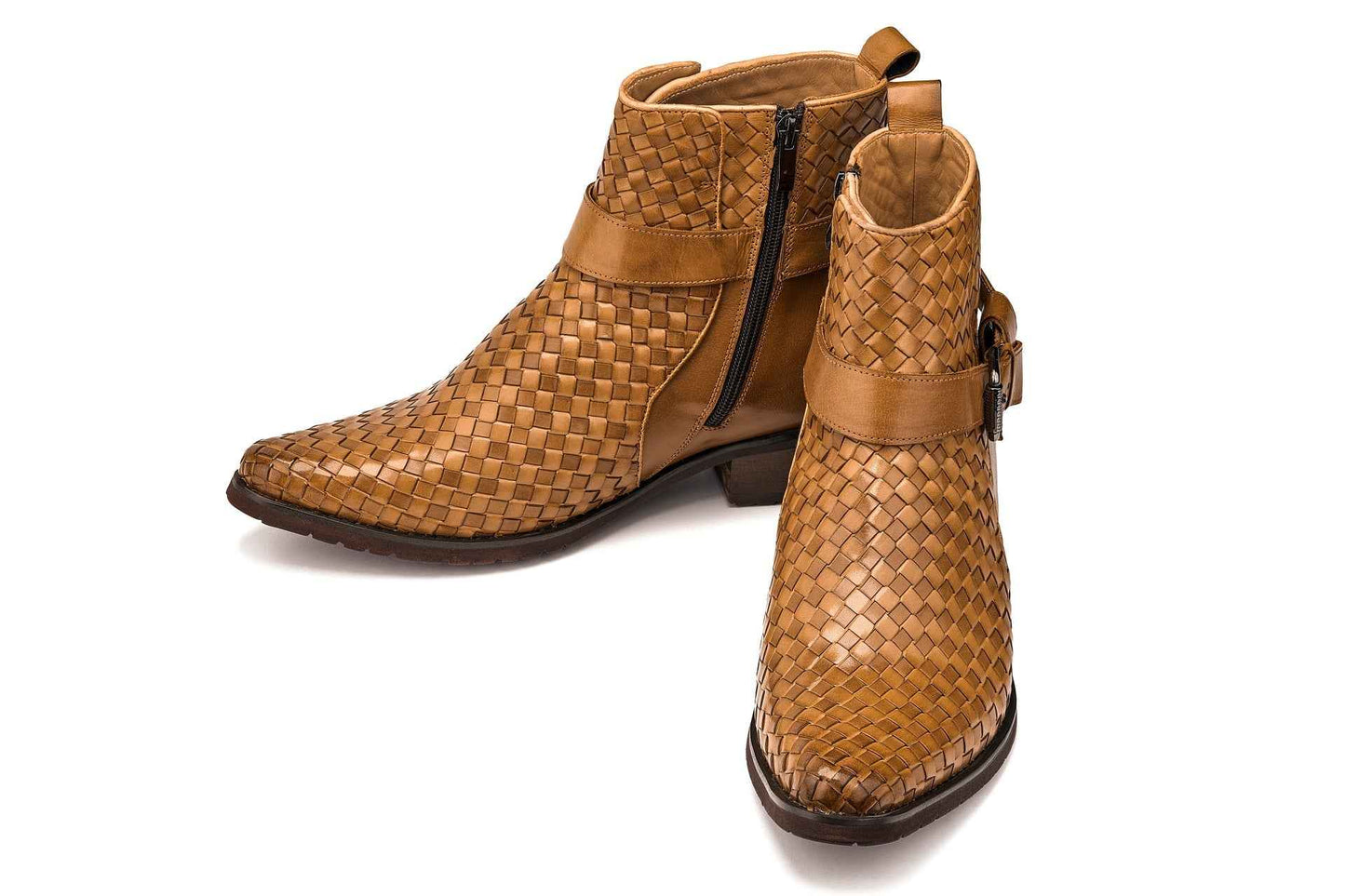 CALTO - K30524 - 3.3 Inches Taller (Light Brown) - Woven Buckle High-Top Ankle Zip-Up Boots Tallmenshoes.com
