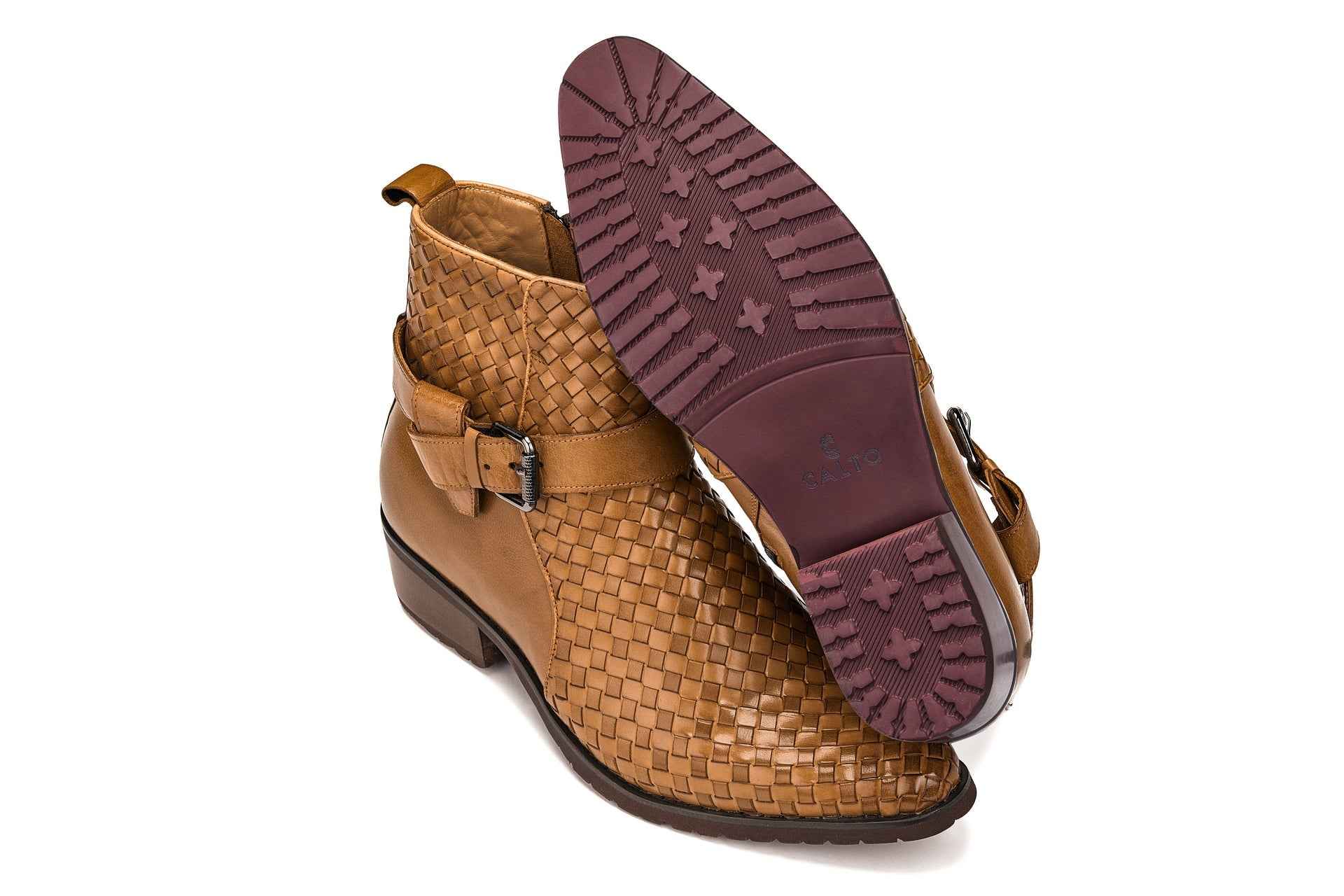 CALTO - K30524 - 3.3 Inches Taller (Light Brown) - Woven Buckle High-Top Ankle Zip-Up Boots Tallmenshoes.com