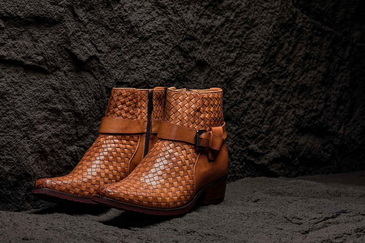 CALTO - K30524 - 3.3 Inches Taller (Light Brown) - Woven Buckle High-Top Ankle Zip-Up Boots Tallmenshoes.com