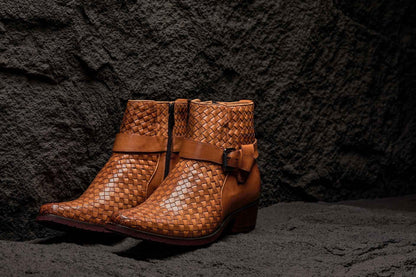 CALTO - K30524 - 3.3 Inches Taller (Light Brown) - Woven Buckle High-Top Ankle Zip-Up Boots Tallmenshoes.com