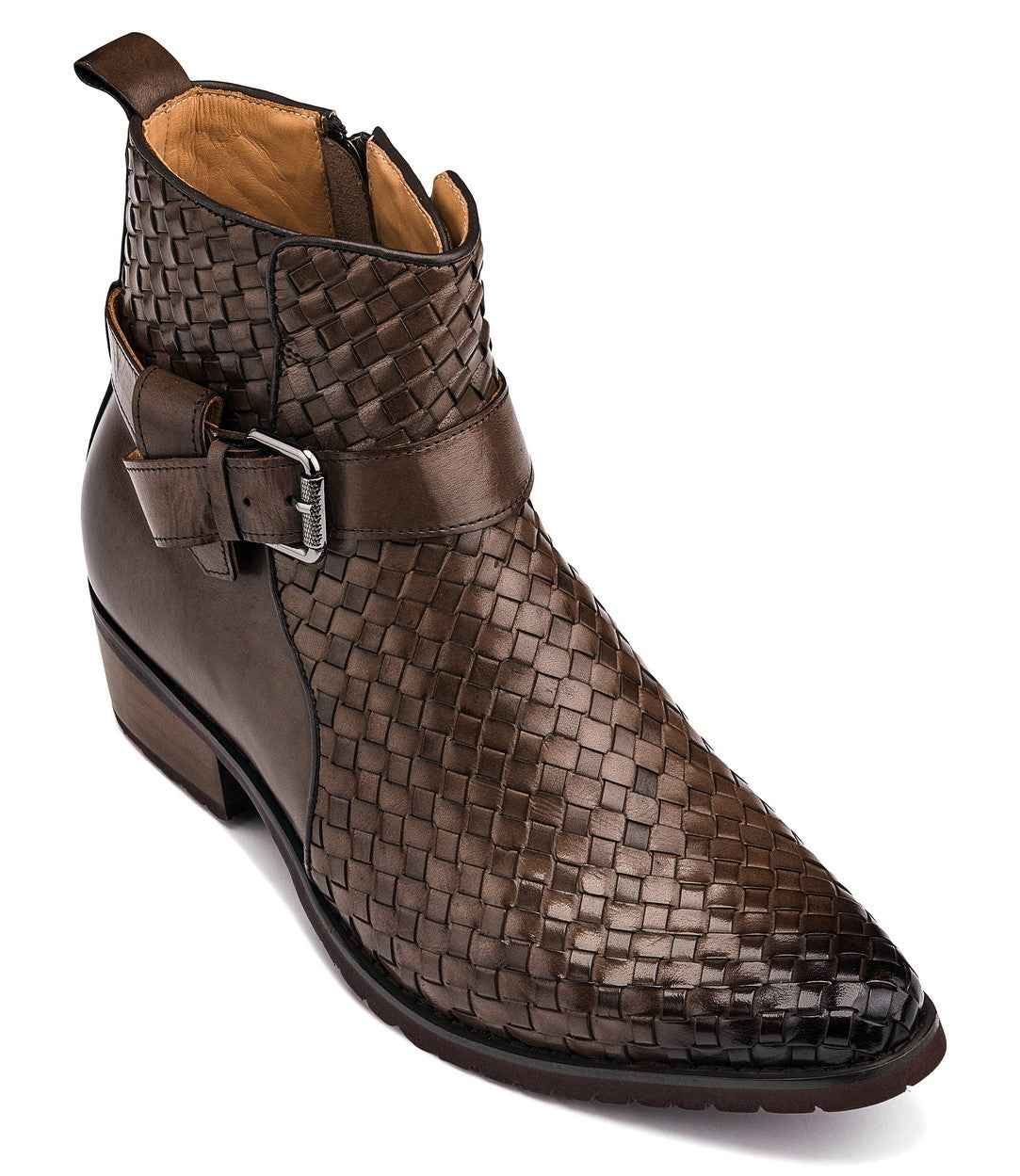 CALTO - K30525 - 3.3 Inches Taller (Coffee Brown) - Woven High-Top Buckle Zipper Ankle Boots Tallmenshoes.com
