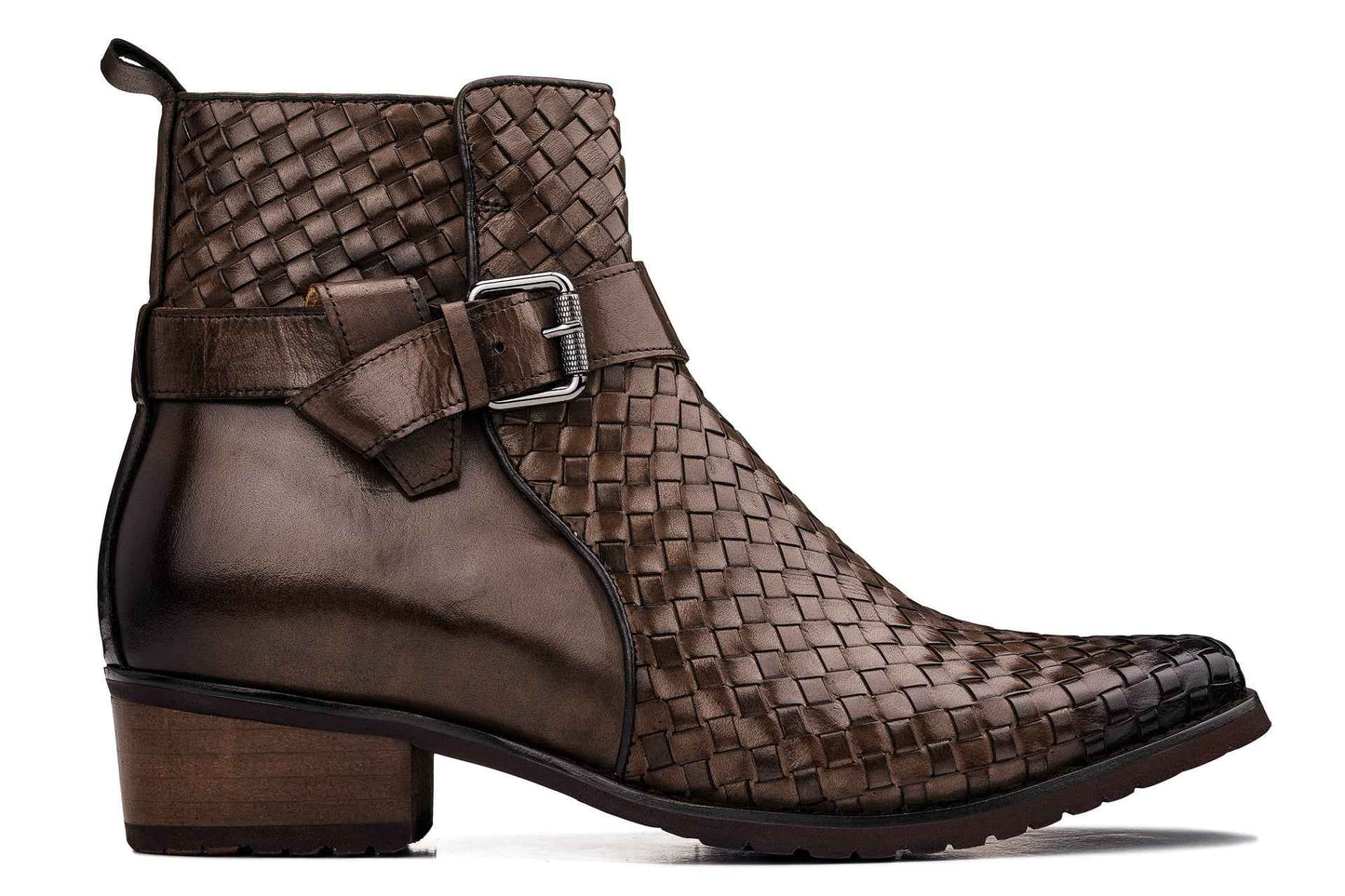 CALTO - K30525 - 3.3 Inches Taller (Coffee Brown) - Woven High-Top Buckle Zipper Ankle Boots Tallmenshoes.com