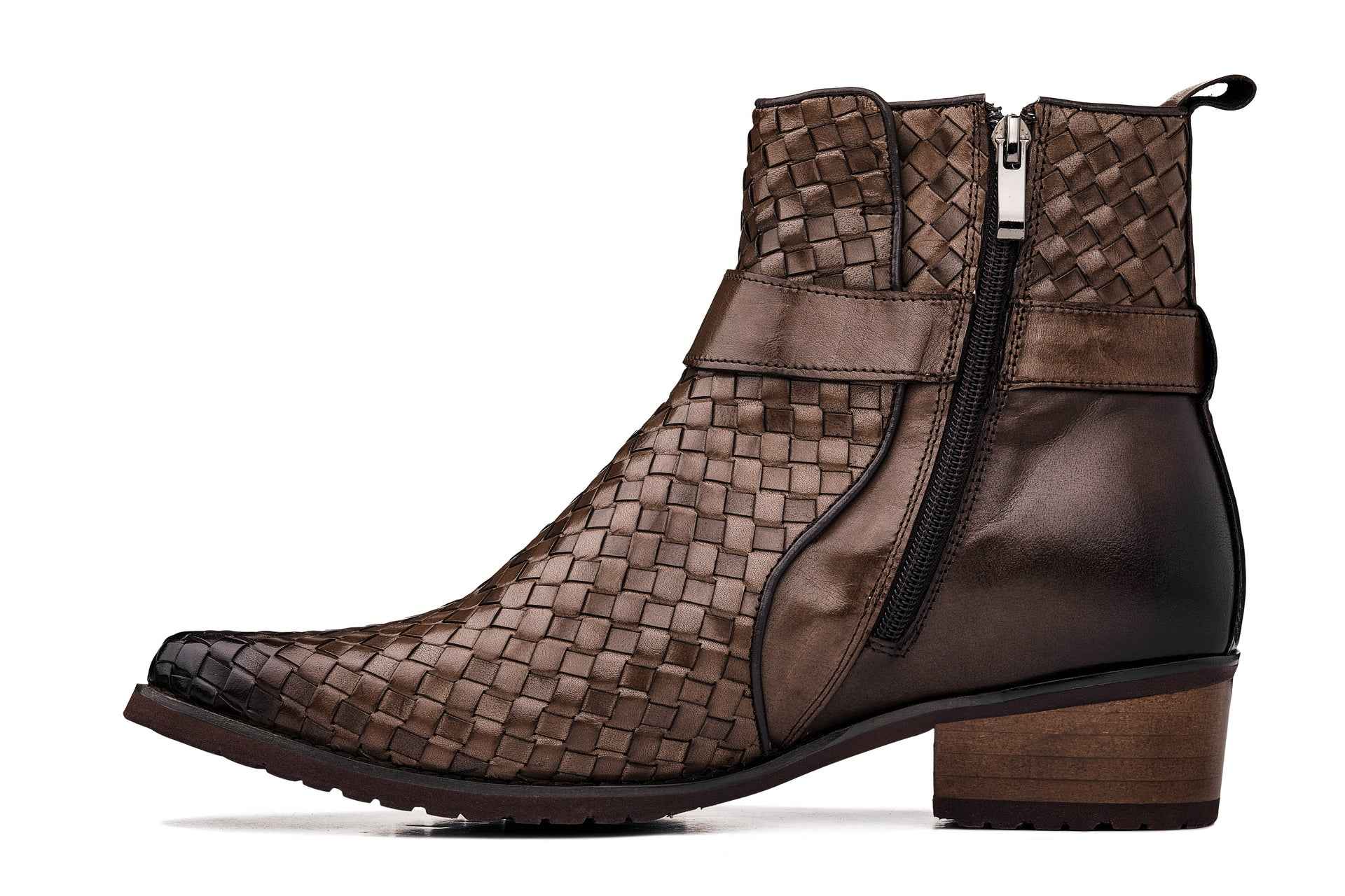 CALTO - K30525 - 3.3 Inches Taller (Coffee Brown) - Woven High-Top Buckle Zipper Ankle Boots Tallmenshoes.com