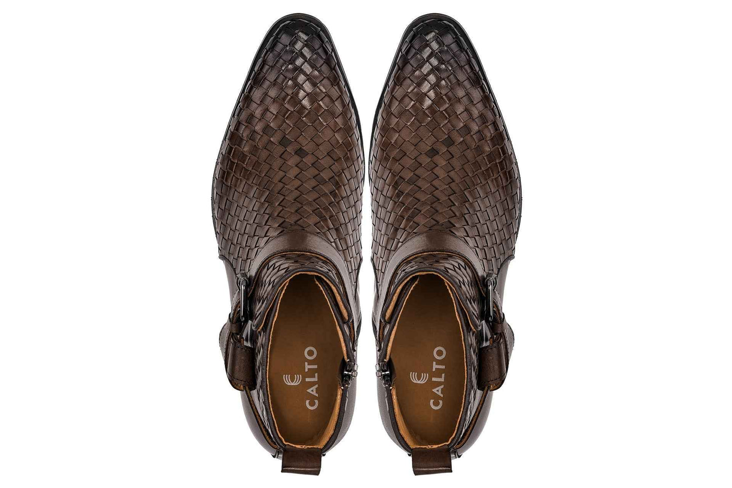 CALTO - K30525 - 3.3 Inches Taller (Coffee Brown) - Woven High-Top Buckle Zipper Ankle Boots Tallmenshoes.com