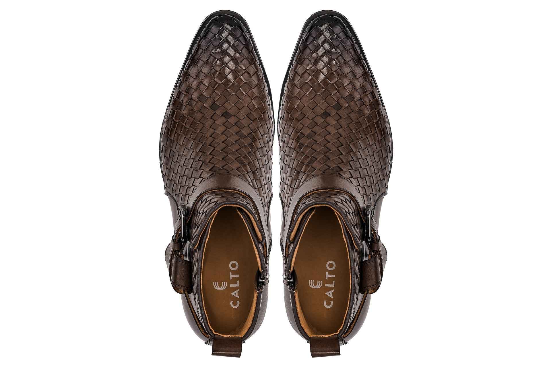 CALTO - K30525 - 3.3 Inches Taller (Coffee Brown) - Woven High-Top Buckle Zipper Ankle Boots Tallmenshoes.com