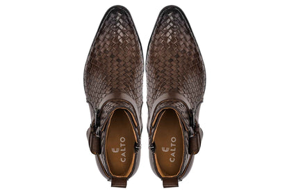 CALTO - K30525 - 3.3 Inches Taller (Coffee Brown) - Woven High-Top Buckle Zipper Ankle Boots Tallmenshoes.com