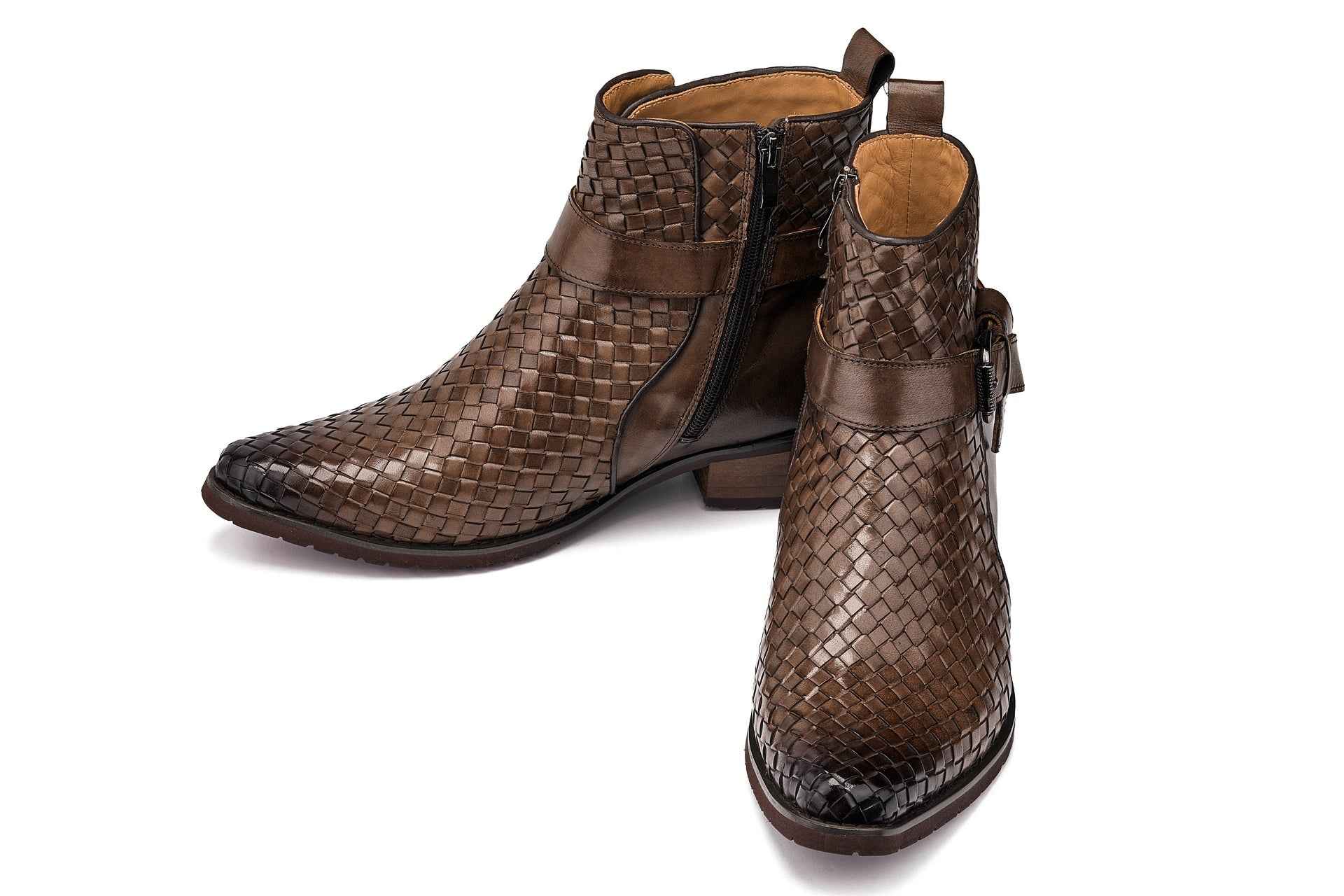 CALTO - K30525 - 3.3 Inches Taller (Coffee Brown) - Woven High-Top Buckle Zipper Ankle Boots Tallmenshoes.com