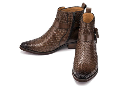 CALTO - K30525 - 3.3 Inches Taller (Coffee Brown) - Woven High-Top Buckle Zipper Ankle Boots Tallmenshoes.com