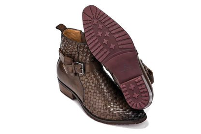CALTO - K30525 - 3.3 Inches Taller (Coffee Brown) - Woven High-Top Buckle Zipper Ankle Boots Tallmenshoes.com