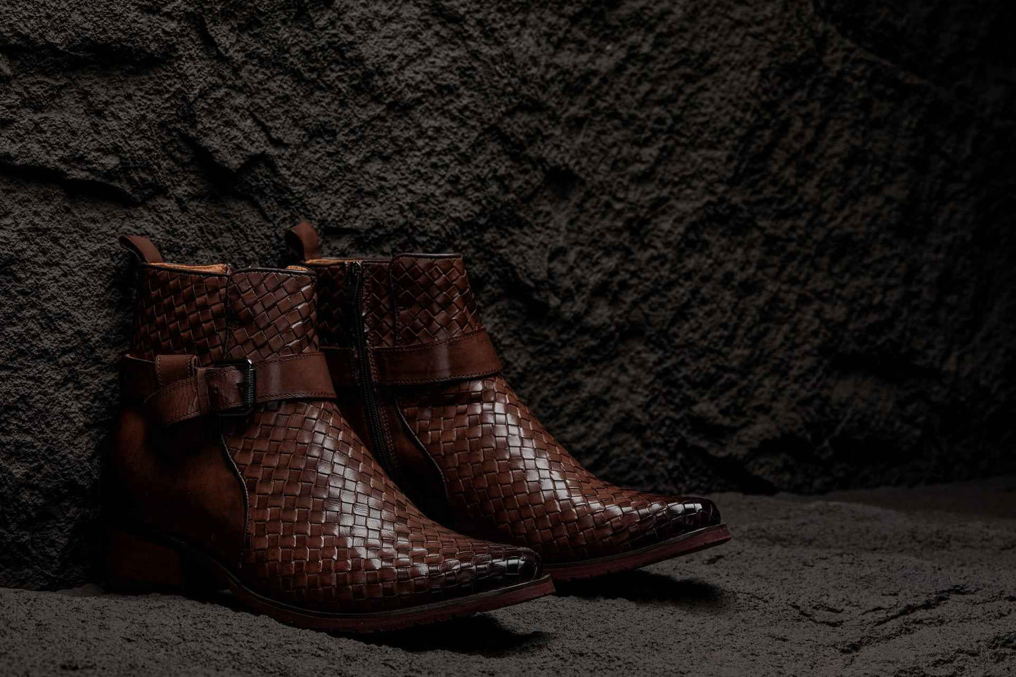 CALTO - K30525 - 3.3 Inches Taller (Coffee Brown) - Woven High-Top Buckle Zipper Ankle Boots Tallmenshoes.com
