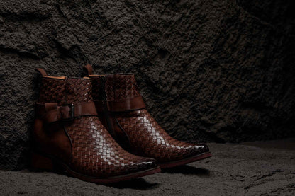CALTO - K30525 - 3.3 Inches Taller (Coffee Brown) - Woven High-Top Buckle Zipper Ankle Boots Tallmenshoes.com