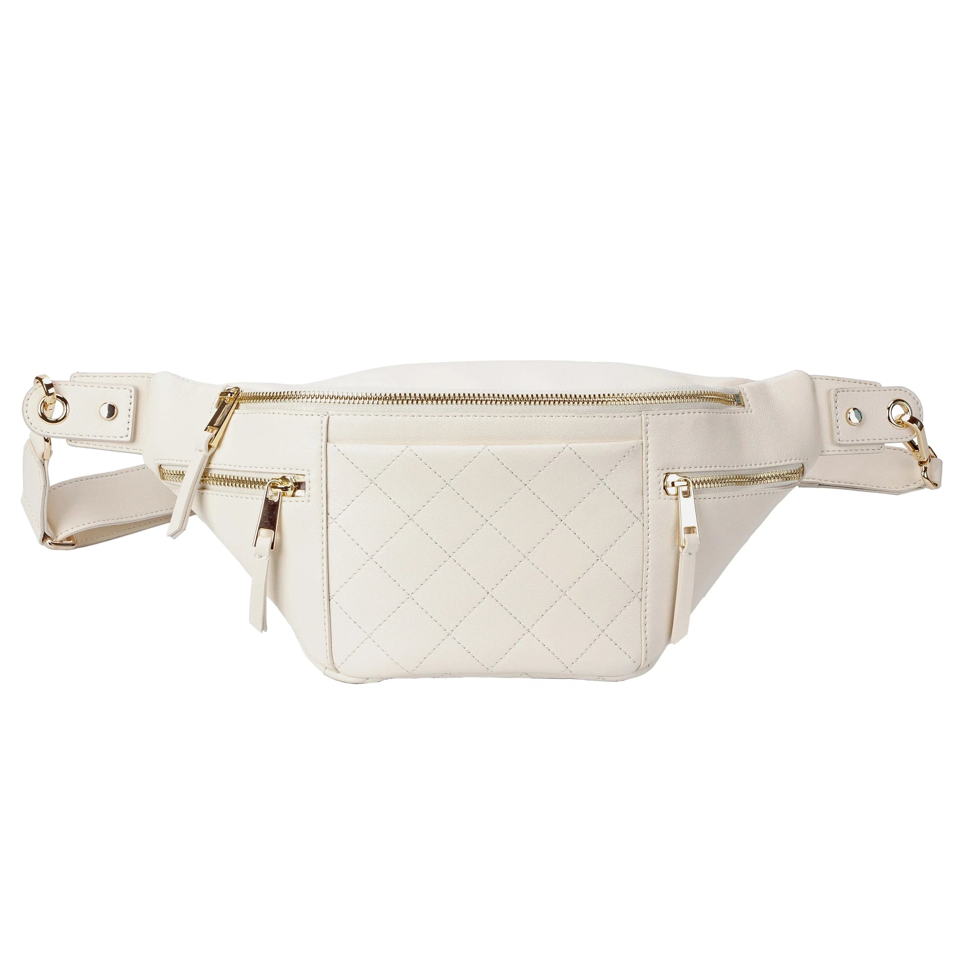 White Quilted Leather Belt Bag with Dual Top Zippers MiamiLeathers.com
