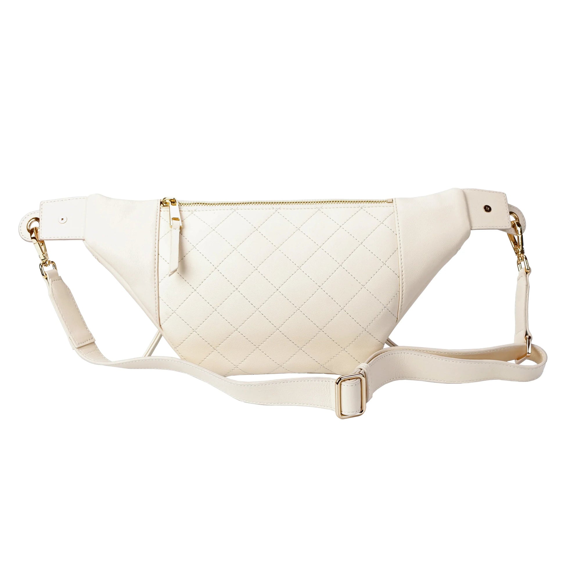 White Quilted Leather Belt Bag with Dual Top Zippers MiamiLeathers.com