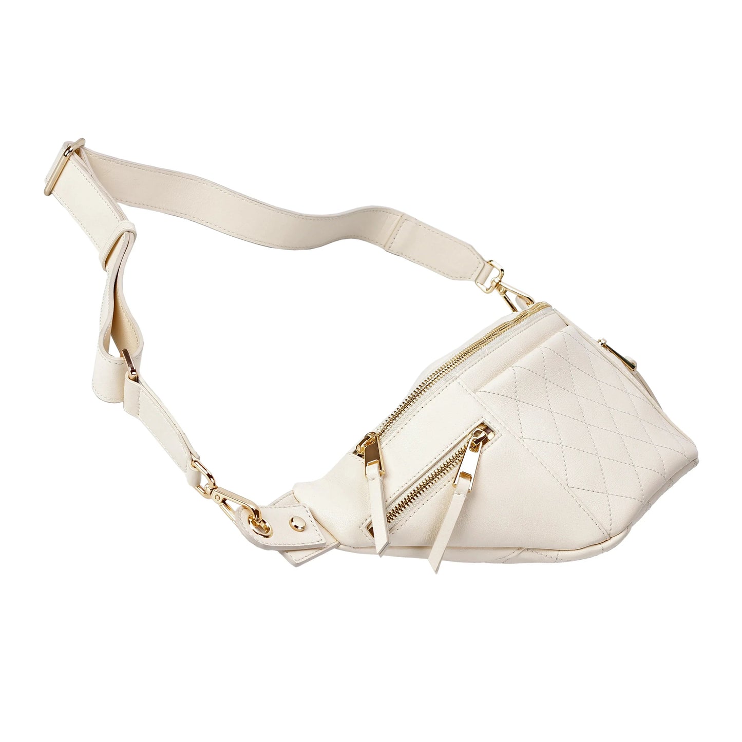 White Quilted Leather Belt Bag with Dual Top Zippers MiamiLeathers.com