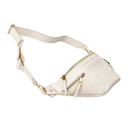 White Quilted Leather Belt Bag with Dual Top Zippers MiamiLeathers.com
