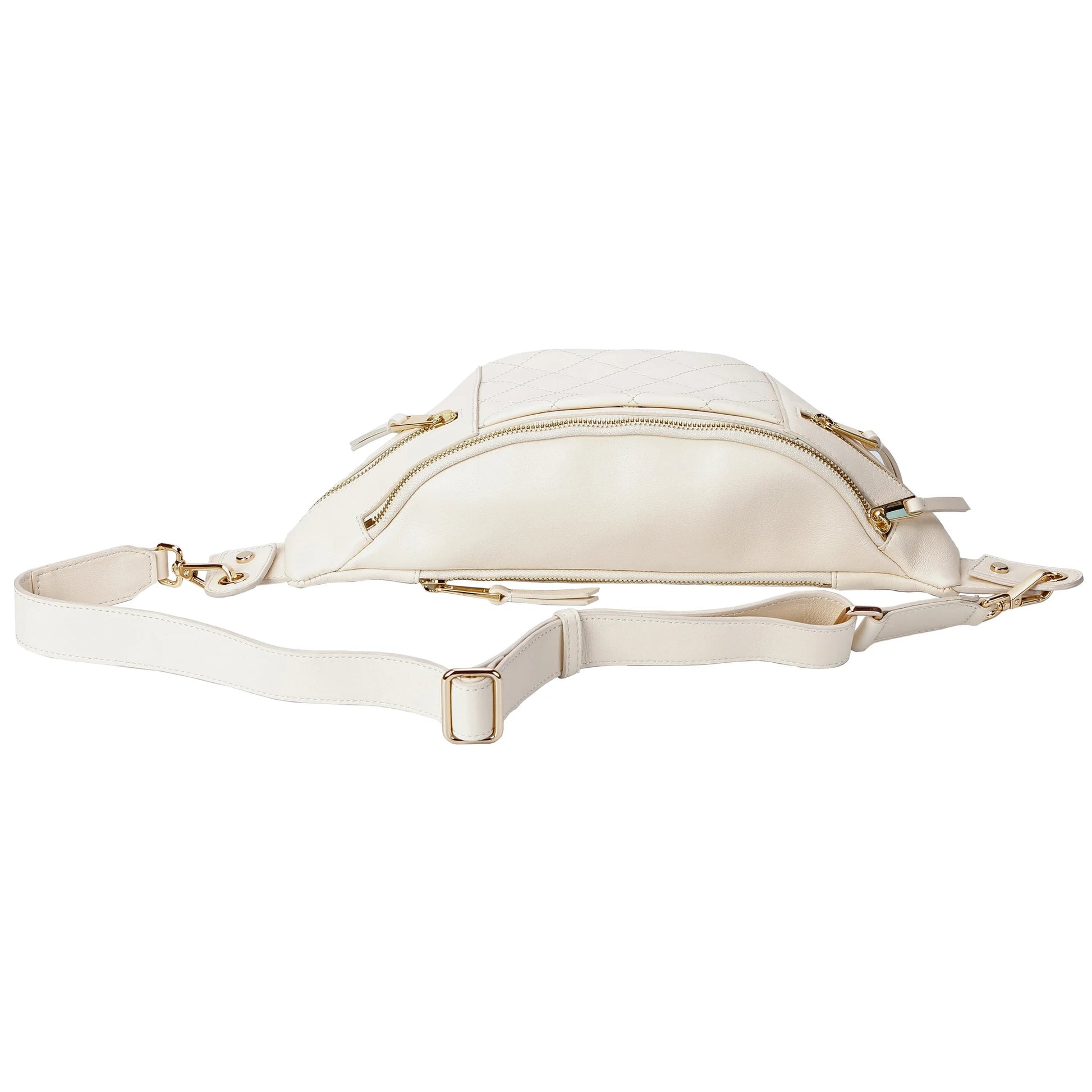 White Quilted Leather Belt Bag with Dual Top Zippers MiamiLeathers.com