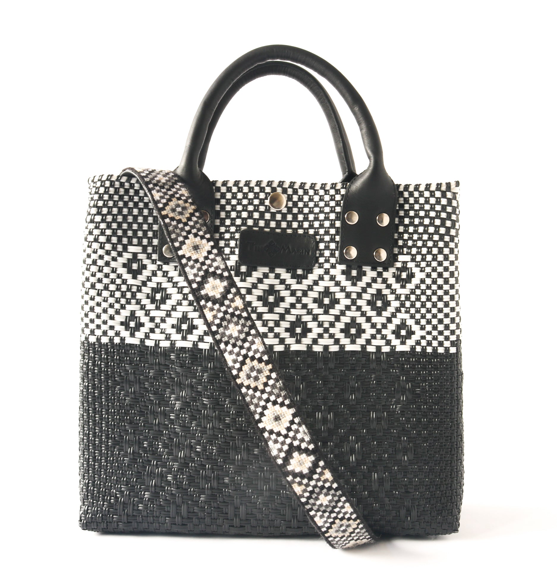 Tin Marin Black Large Woven Crossbody Bag - Black Leather Tin Marin Brand