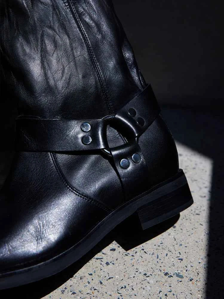 Black Leather Harness Biker Boots