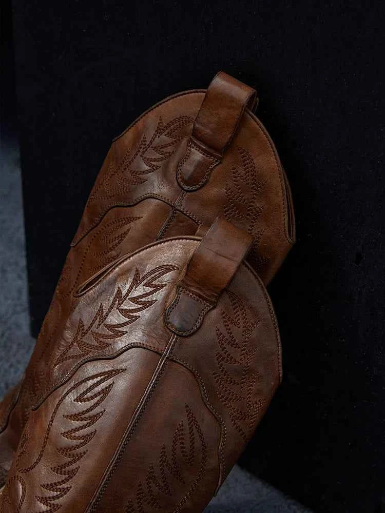 Brown Leather Western Cowboy Boots with Embroidered Detailing