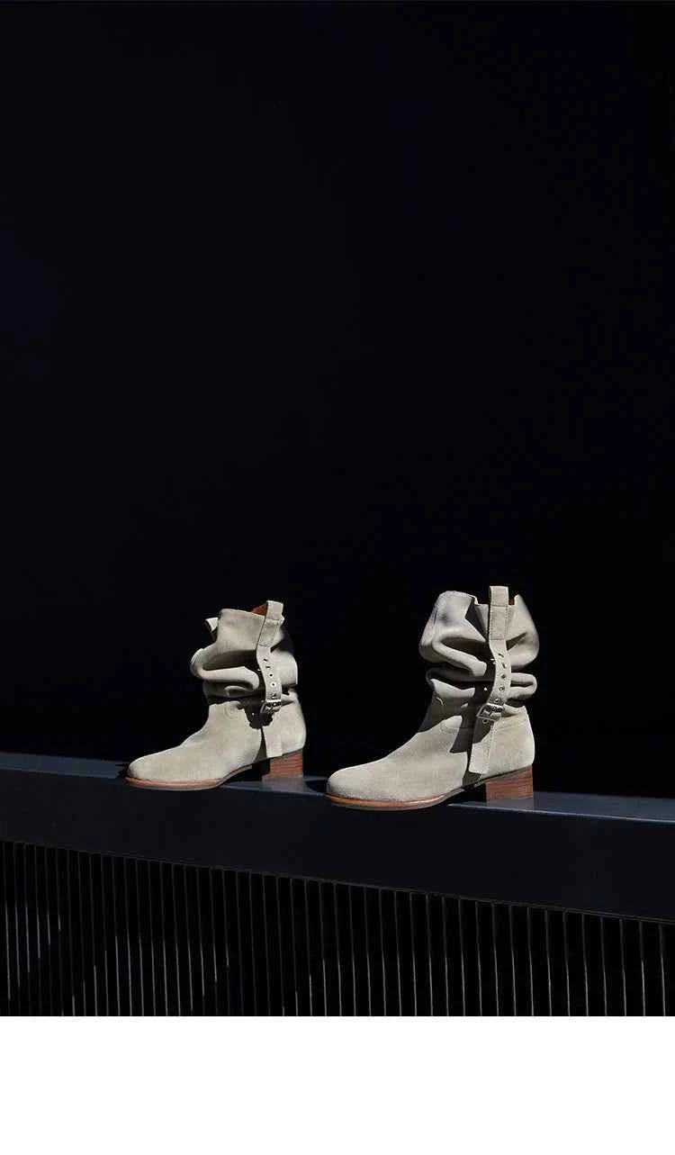 Suede Slouchy Buckle Ankle Boots