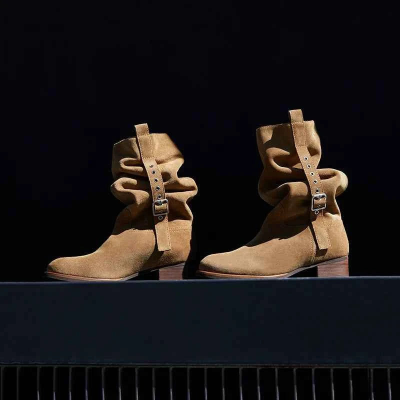 Suede Slouchy Buckle Ankle Boots