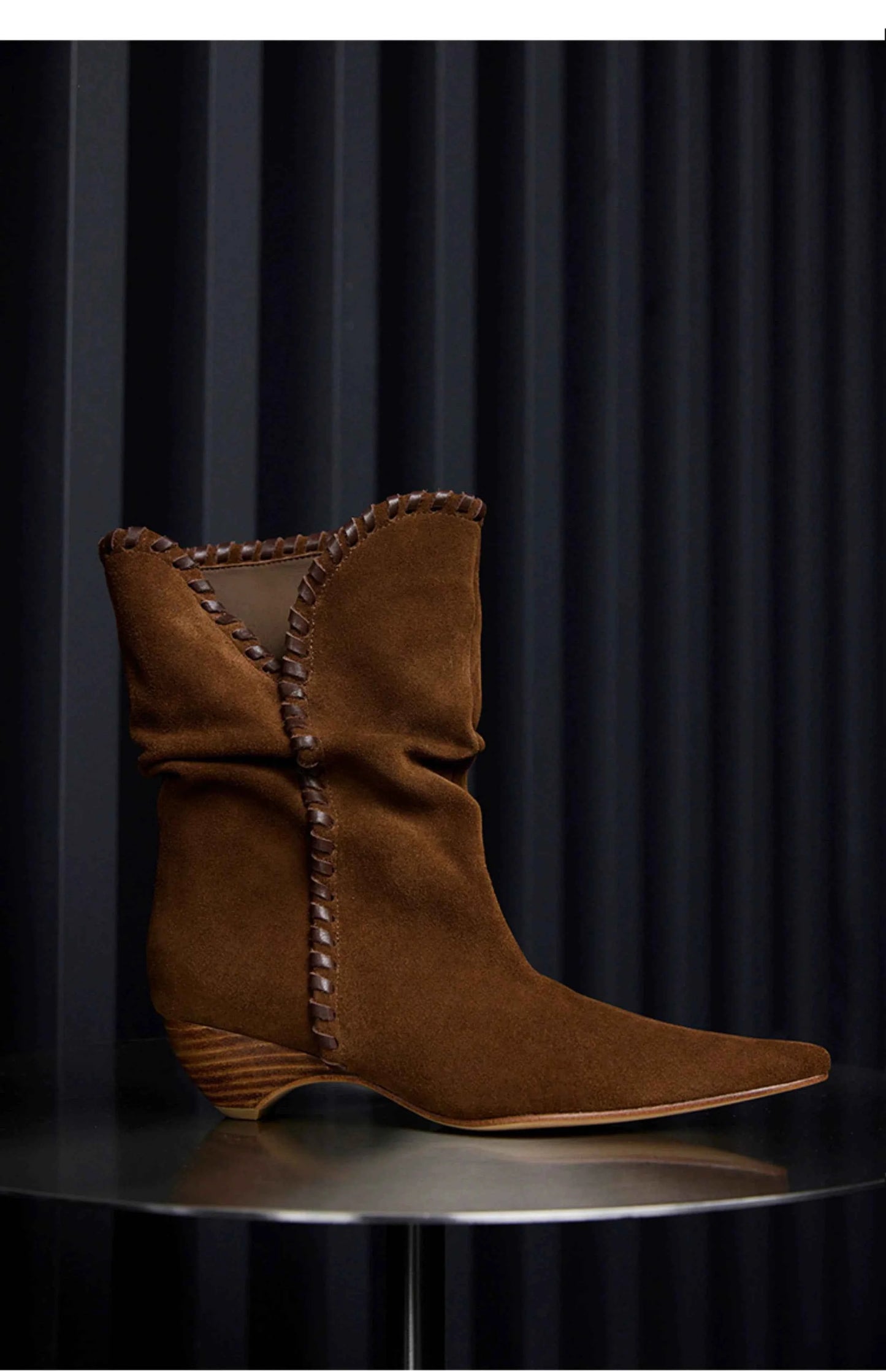 Brown Suede Slouchy Pointed-Toe Boots with Whipstitch Trim