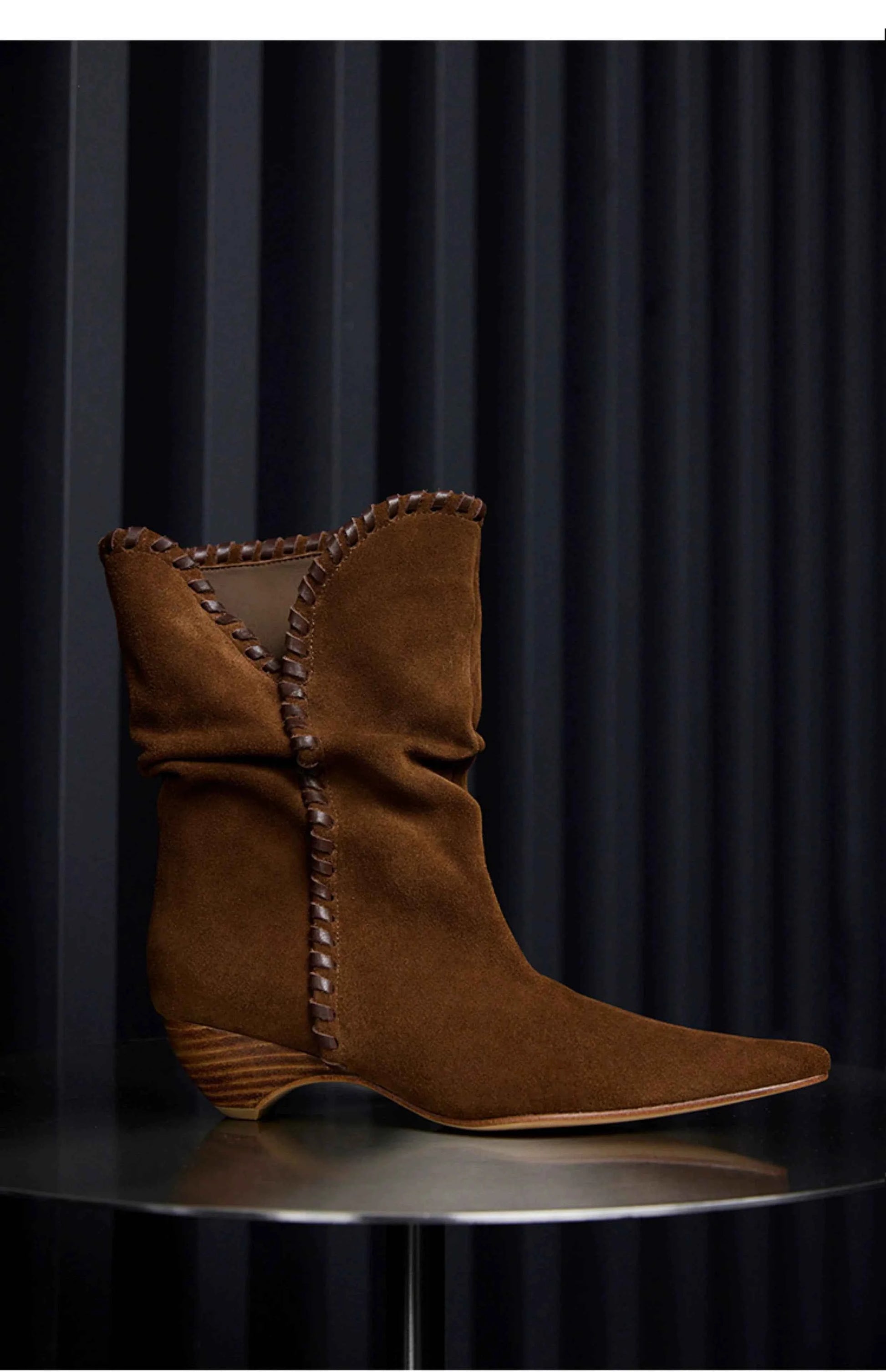 Brown Suede Slouchy Pointed-Toe Boots with Whipstitch Trim