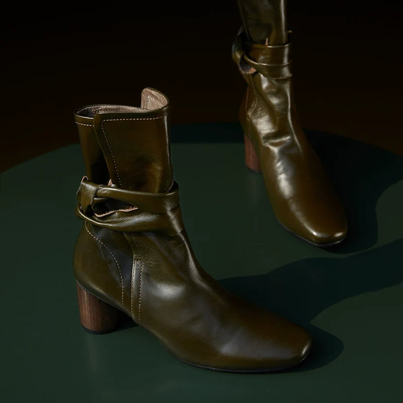 Leather Ankle Boots with Block Heel - Wolvess