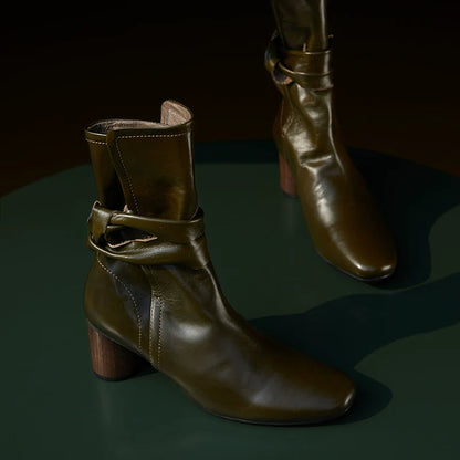 Leather Ankle Boots with Block Heel - Wolvess