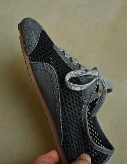 Beige Mesh Suede Lace-Up Sneakers - Wolvess