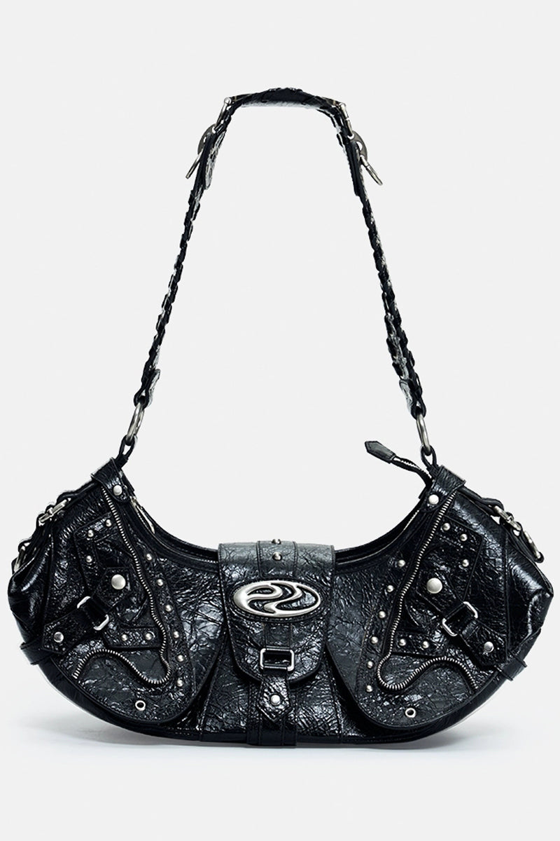 Crackle Chain Studded Hobo Bag - Wolvess