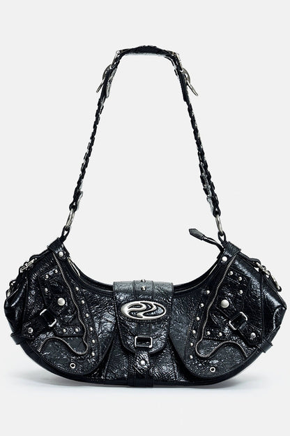 Crackle Chain Studded Hobo Bag - Wolvess