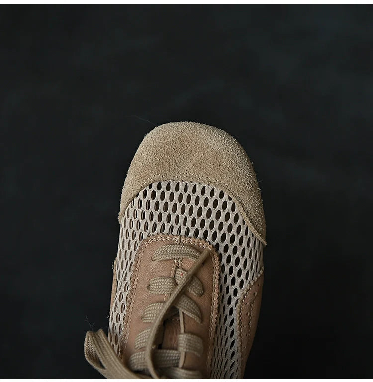 Beige Mesh Suede Lace-Up Sneakers - Wolvess
