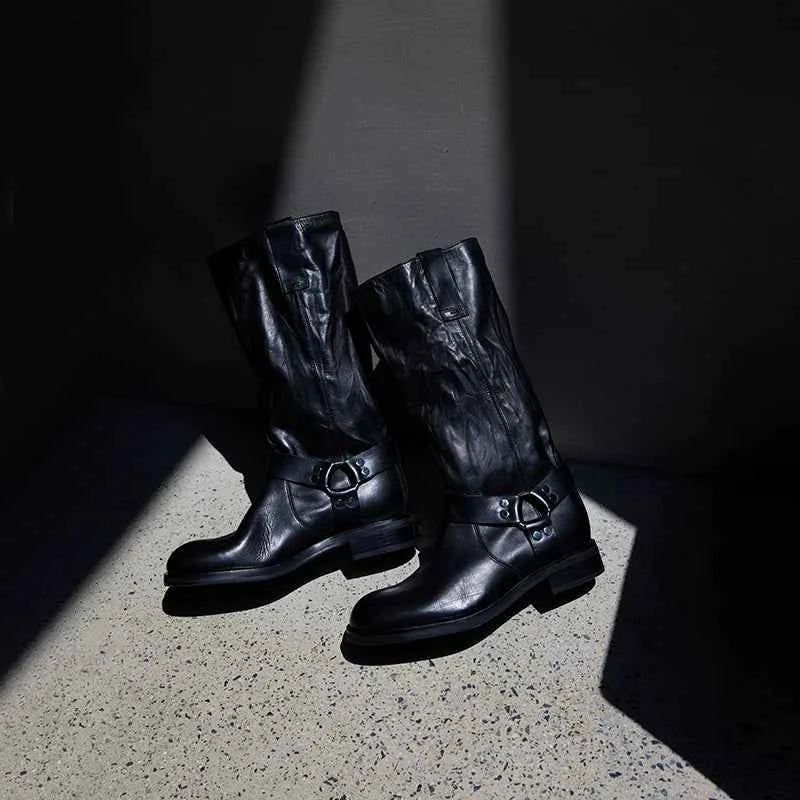 Black Leather Harness Biker Boots