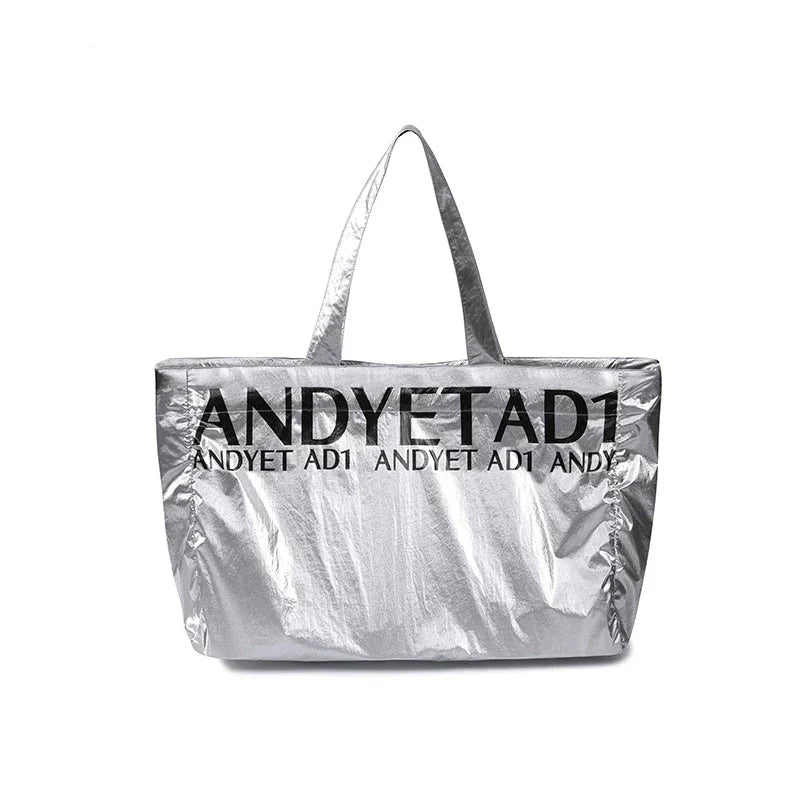 Metallic Silver Oversized Tote Bag: Large Capacity Shopper with Bold Logo Print - Wolvess