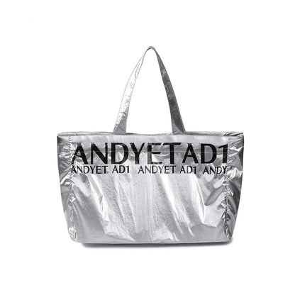 Metallic Silver Oversized Tote Bag: Large Capacity Shopper with Bold Logo Print - Wolvess