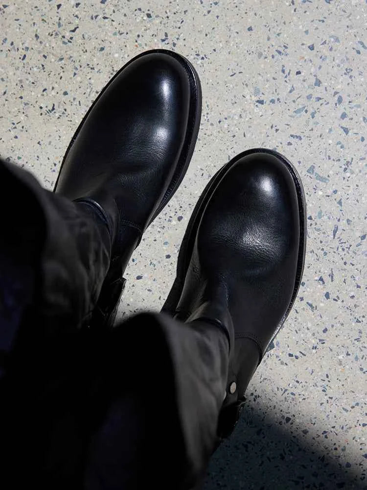 Black Leather Harness Biker Boots