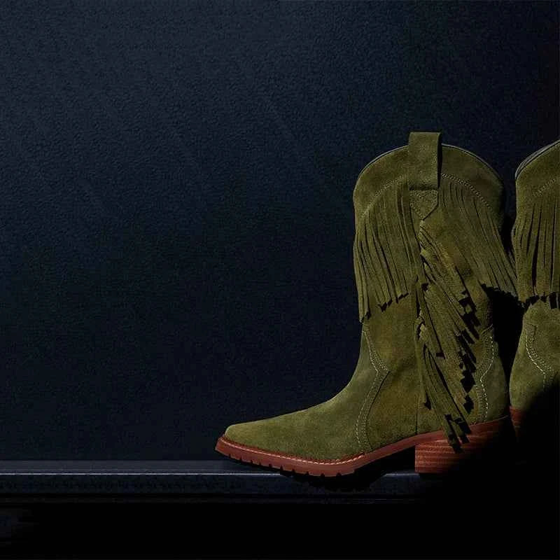 Cowboy Boot with Fringe Detailing and a Brown Stacked Heel