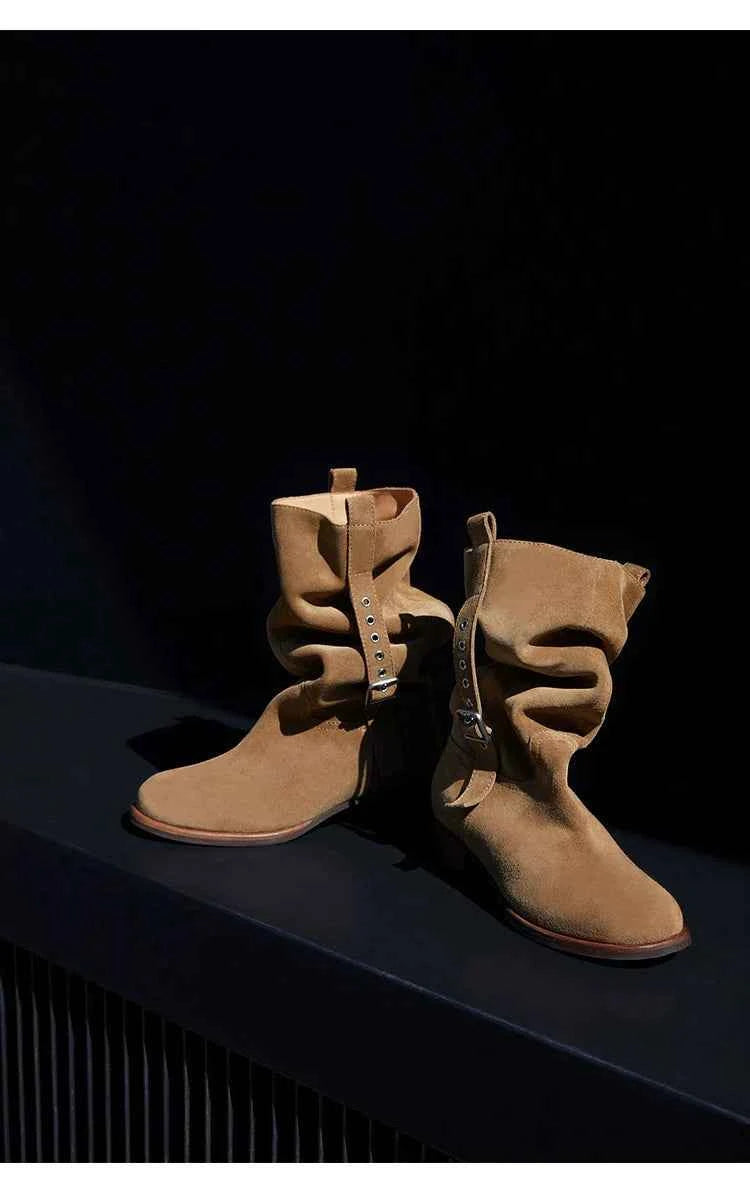 Suede Slouchy Buckle Ankle Boots
