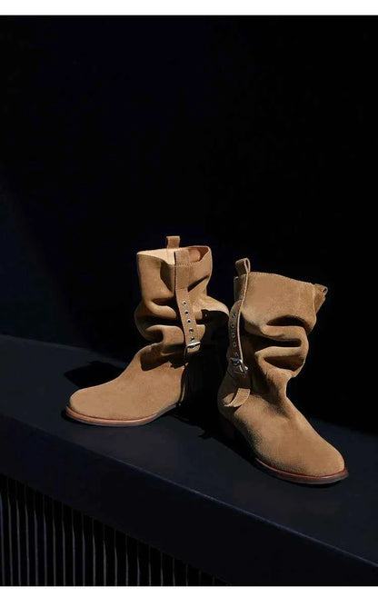 Suede Slouchy Buckle Ankle Boots
