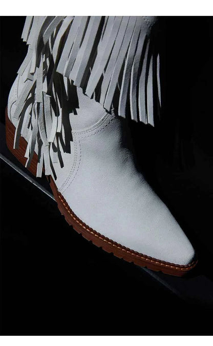 Cowboy Boot with Fringe Detailing and a Brown Stacked Heel